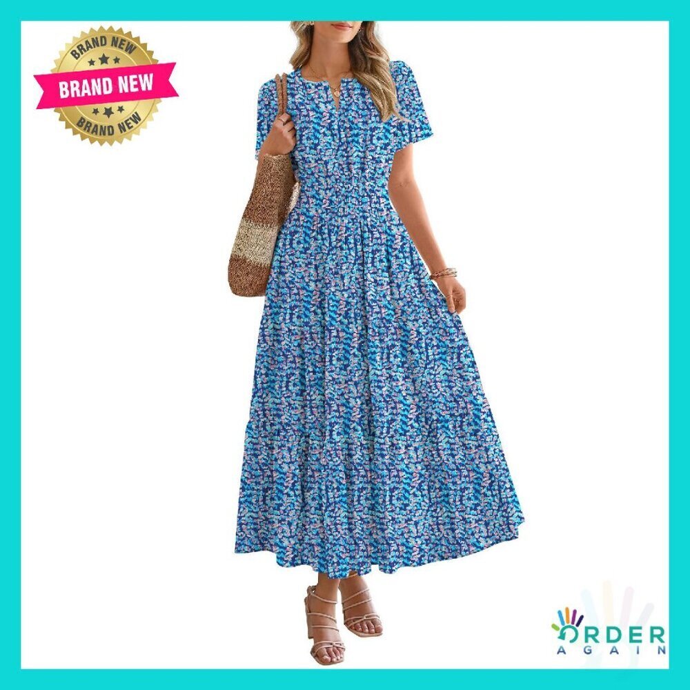 Floral Maxi Dress Boho Chic V Neck Short Sleeve Casual Wedding Guest Elegant